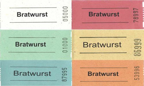 Rollen-Wertmarken, 1000 Stk. mit Aufdruck Bratwurst